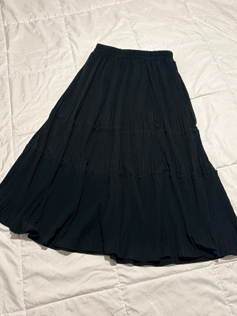 Black Tiered Pleated Boho Midi Skirt Sz M
